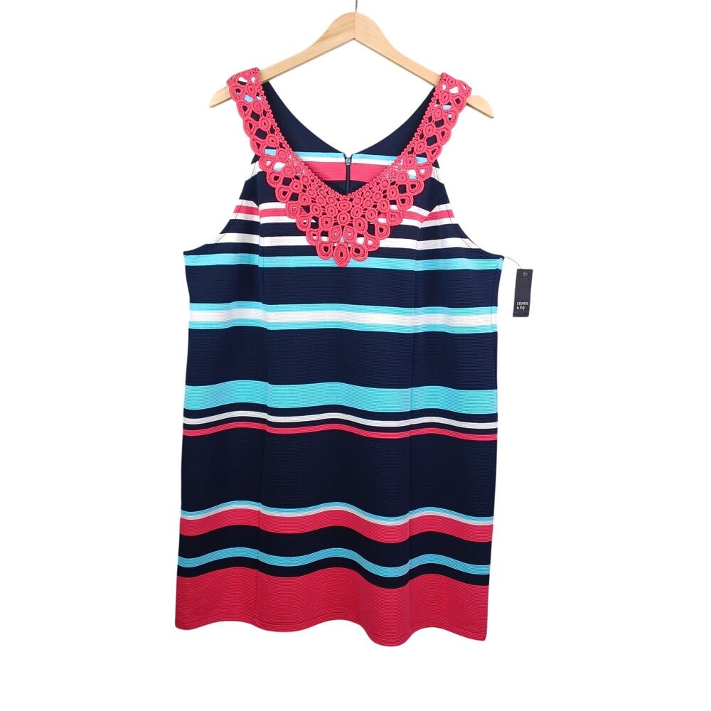 Crown & Ivy Halter‎ Shift Dress XL Stripe Ribbed Knit Coastal Resort Beach Navy